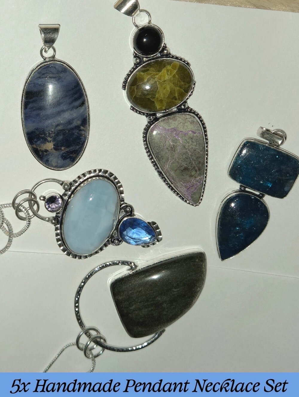 5pcs Natural Gemstone Handmade Pendant Necklace Gift Set Opal Obsidian Apatite